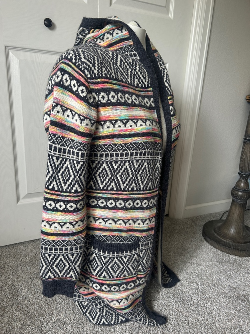 Monteau Black Multi-Color Hooded Knit Cardigan Size M